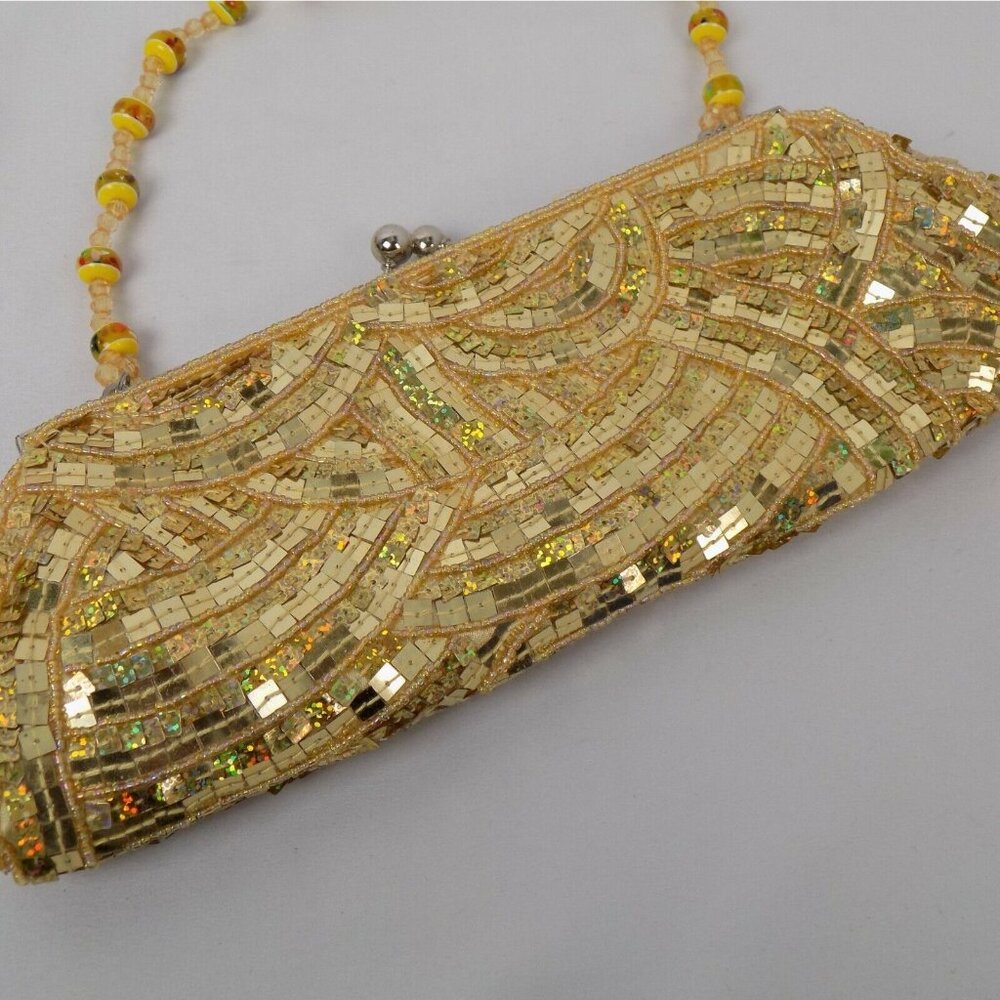 Gold Colored Sequin Clutch Purse Bag Beaded Handle Kissing Clasp Lined Strap - Picture 2 of 8